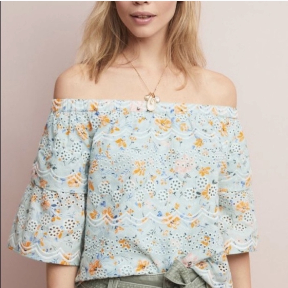 Anthropologie LAIA Elastic Shoulder Top. Underlined, Embroidery & Eyelet Detail